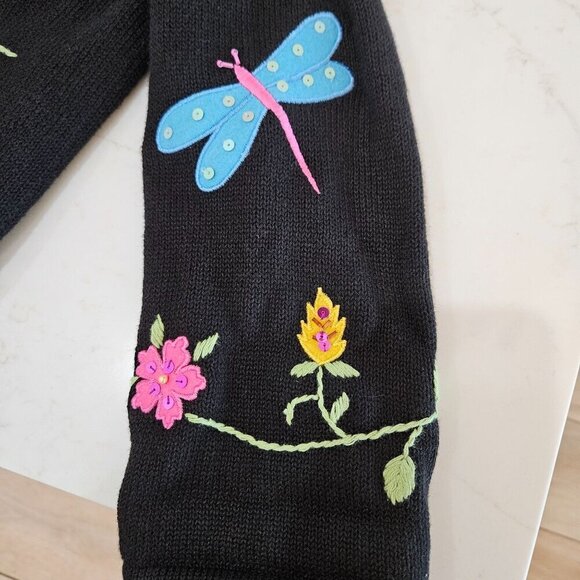 Morgan Cole Black Cardigan XL Vintage Embroidered Dragonflies Flowers - Picture 6 of 10